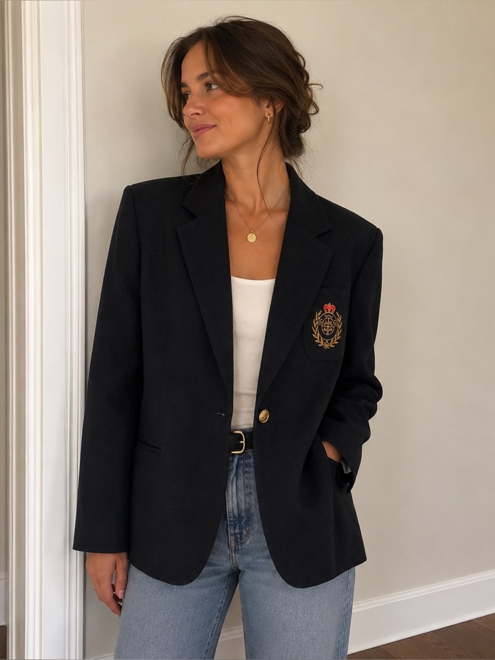 Vintage Herman Geist 100% Wool Black Crest Blazer Gold Button Oversized Boxy 8